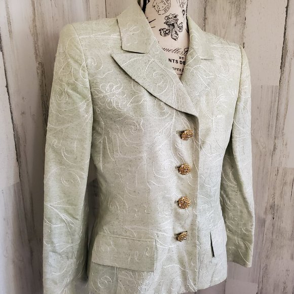 Mary McFadden Jackets & Blazers - VTG MMF MARY McFADDEN PALE GREEN EMBROIDERED SILK BLAZER with DECORATIVE BUTTONS